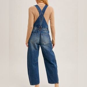 NWT Denim Barrel Overalls with Cross Back Straps in Dark Denim